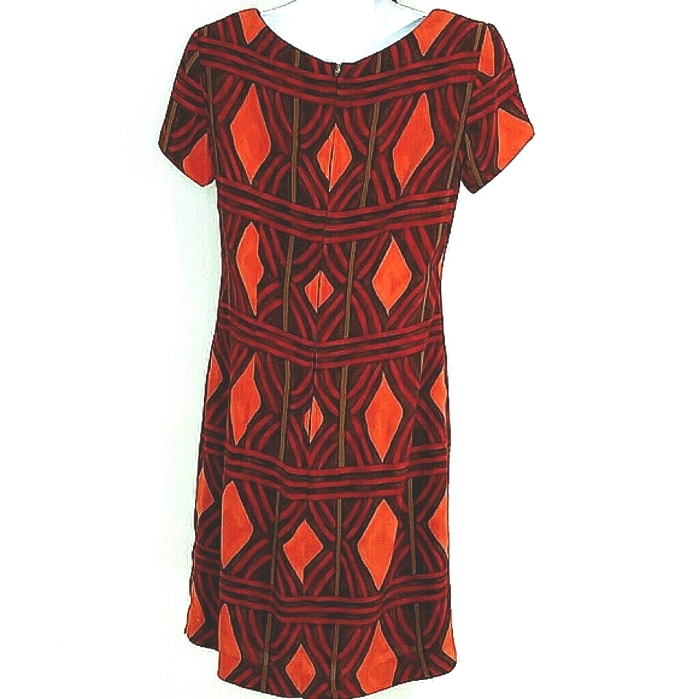 Jeffrey & Dara Size 6 Midi Dress Southwestern Geometric Print Red Orange Brown B - Picture 3 of 6
